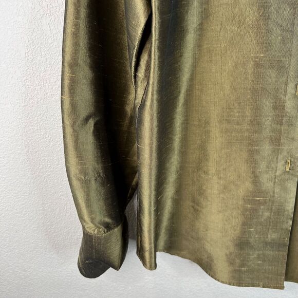 Valerie Stevens Pure Silk Button-Up Shirt Olive Green Size 8 Classic Luxe Staple - Picture 4 of 12